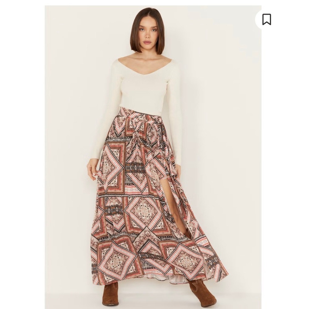 SHYANNE Boho Geometric‎ Print Maxi Wrap Skirt XS Tie Waist Western Festival - Picture 6 of 16